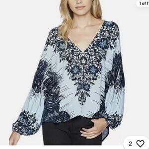 Free People Blue Birds of a Feather Blouse V-neck Long Sleeve boho - medium